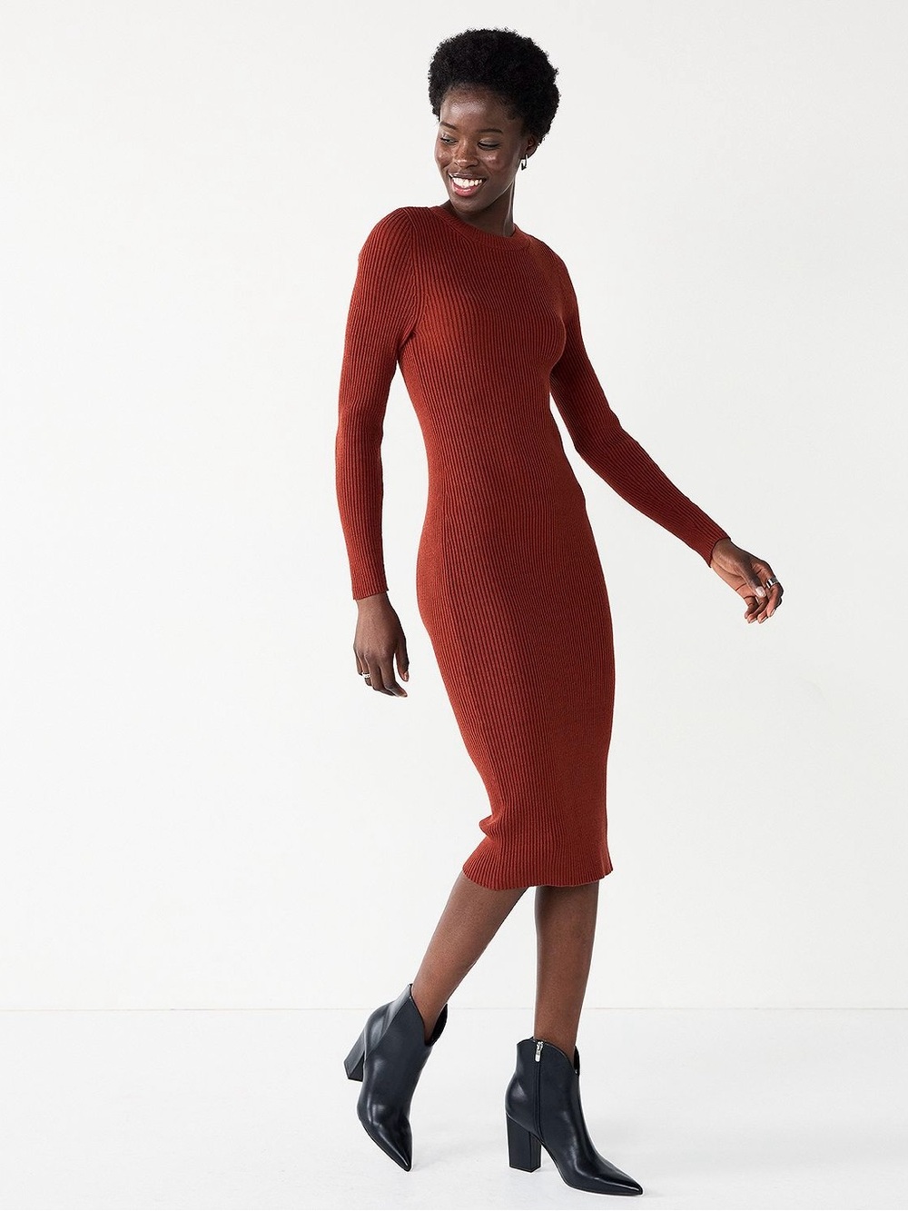 Nine West Rust Ribbed Long-Sleeve Midi Dress